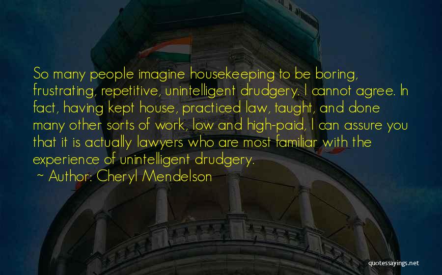 Cheryl Mendelson Quotes: So Many People Imagine Housekeeping To Be Boring, Frustrating, Repetitive, Unintelligent Drudgery. I Cannot Agree. In Fact, Having Kept House,