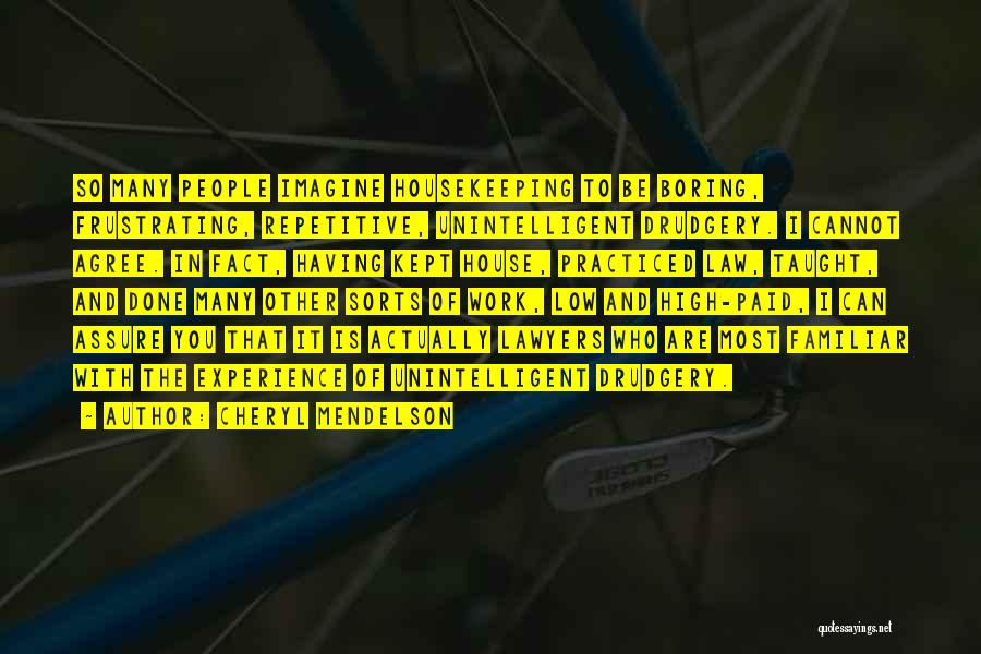 Cheryl Mendelson Quotes: So Many People Imagine Housekeeping To Be Boring, Frustrating, Repetitive, Unintelligent Drudgery. I Cannot Agree. In Fact, Having Kept House,