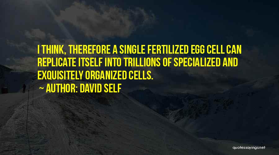 David Self Quotes: I Think, Therefore A Single Fertilized Egg Cell Can Replicate Itself Into Trillions Of Specialized And Exquisitely Organized Cells.