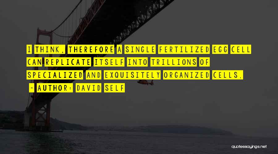 David Self Quotes: I Think, Therefore A Single Fertilized Egg Cell Can Replicate Itself Into Trillions Of Specialized And Exquisitely Organized Cells.