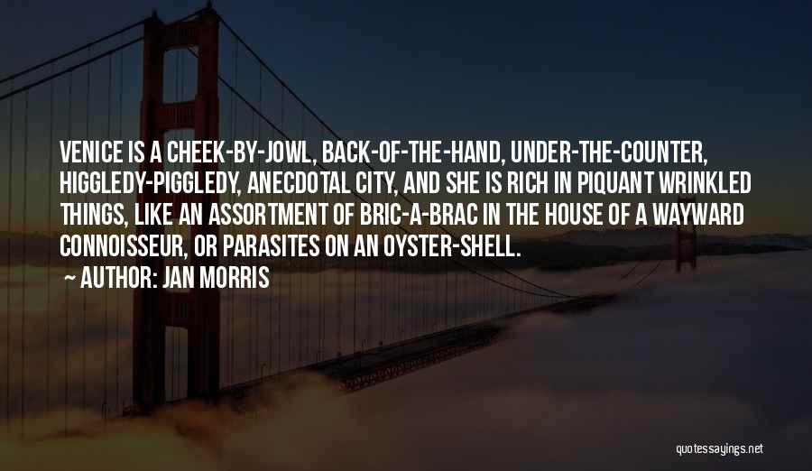 Jan Morris Quotes: Venice Is A Cheek-by-jowl, Back-of-the-hand, Under-the-counter, Higgledy-piggledy, Anecdotal City, And She Is Rich In Piquant Wrinkled Things, Like An Assortment