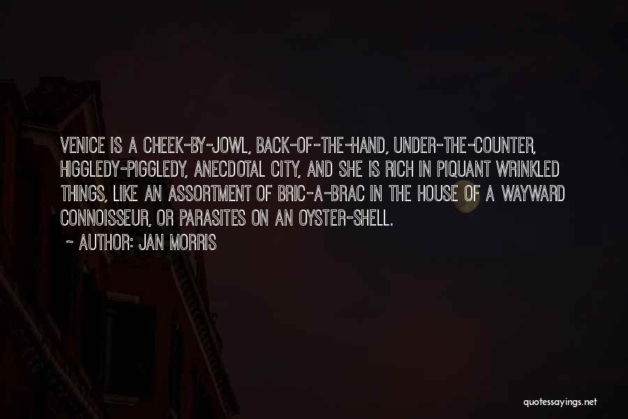 Jan Morris Quotes: Venice Is A Cheek-by-jowl, Back-of-the-hand, Under-the-counter, Higgledy-piggledy, Anecdotal City, And She Is Rich In Piquant Wrinkled Things, Like An Assortment