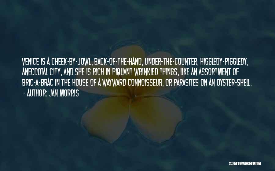 Jan Morris Quotes: Venice Is A Cheek-by-jowl, Back-of-the-hand, Under-the-counter, Higgledy-piggledy, Anecdotal City, And She Is Rich In Piquant Wrinkled Things, Like An Assortment