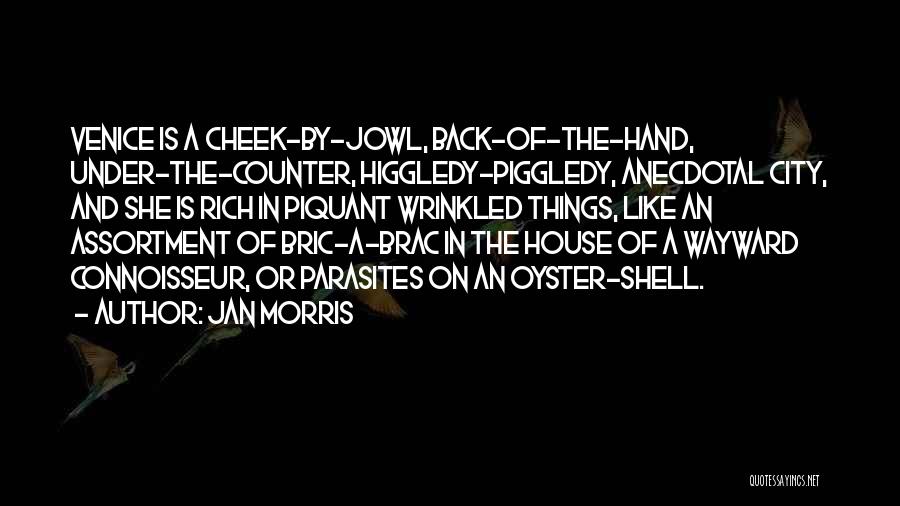 Jan Morris Quotes: Venice Is A Cheek-by-jowl, Back-of-the-hand, Under-the-counter, Higgledy-piggledy, Anecdotal City, And She Is Rich In Piquant Wrinkled Things, Like An Assortment