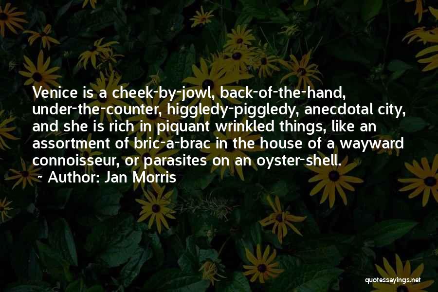 Jan Morris Quotes: Venice Is A Cheek-by-jowl, Back-of-the-hand, Under-the-counter, Higgledy-piggledy, Anecdotal City, And She Is Rich In Piquant Wrinkled Things, Like An Assortment