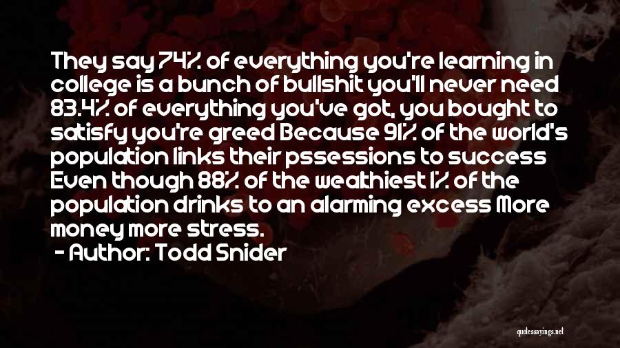 Todd Snider Quotes: They Say 74% Of Everything You're Learning In College Is A Bunch Of Bullshit You'll Never Need 83.4% Of Everything