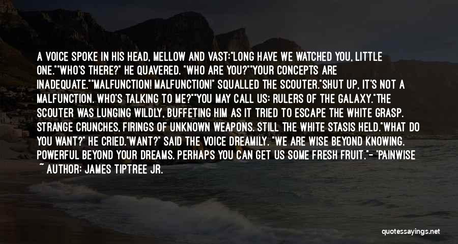James Tiptree Jr. Quotes: A Voice Spoke In His Head, Mellow And Vast:long Have We Watched You, Little One.who's There? He Quavered. Who Are