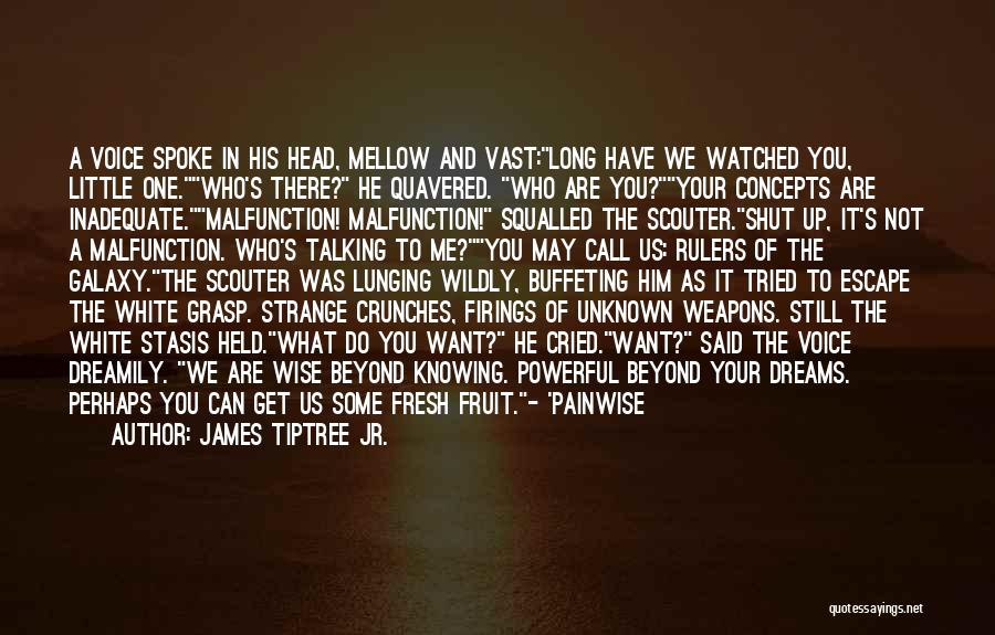 James Tiptree Jr. Quotes: A Voice Spoke In His Head, Mellow And Vast:long Have We Watched You, Little One.who's There? He Quavered. Who Are