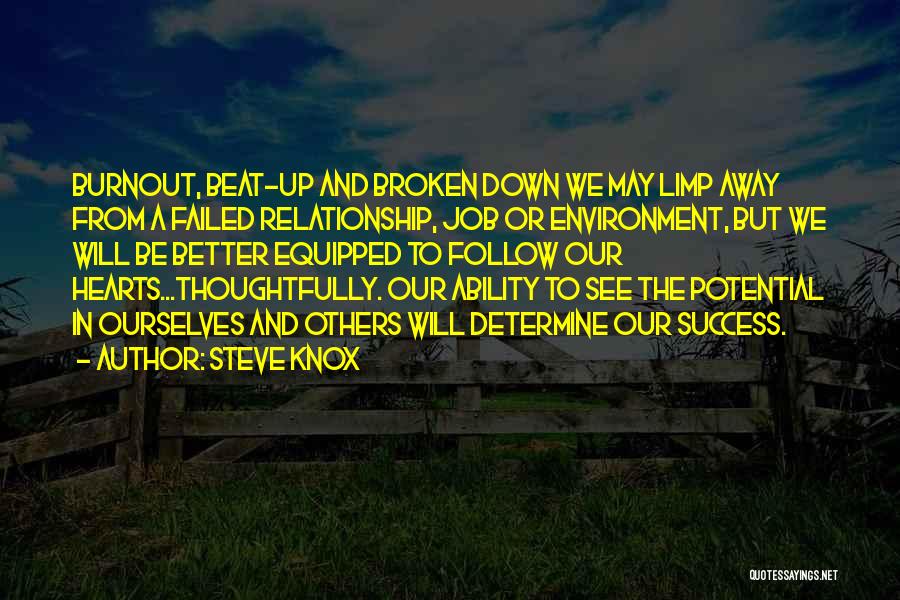 Steve Knox Quotes: Burnout, Beat-up And Broken Down We May Limp Away From A Failed Relationship, Job Or Environment, But We Will Be