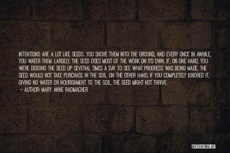 Mary Anne Radmacher Quotes: Intentions Are A Lot Like Seeds. You Shove Them Into The Ground, And Every Once In Awhile, You Water Them.