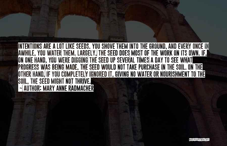 Mary Anne Radmacher Quotes: Intentions Are A Lot Like Seeds. You Shove Them Into The Ground, And Every Once In Awhile, You Water Them.