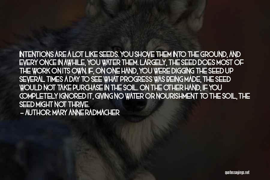 Mary Anne Radmacher Quotes: Intentions Are A Lot Like Seeds. You Shove Them Into The Ground, And Every Once In Awhile, You Water Them.