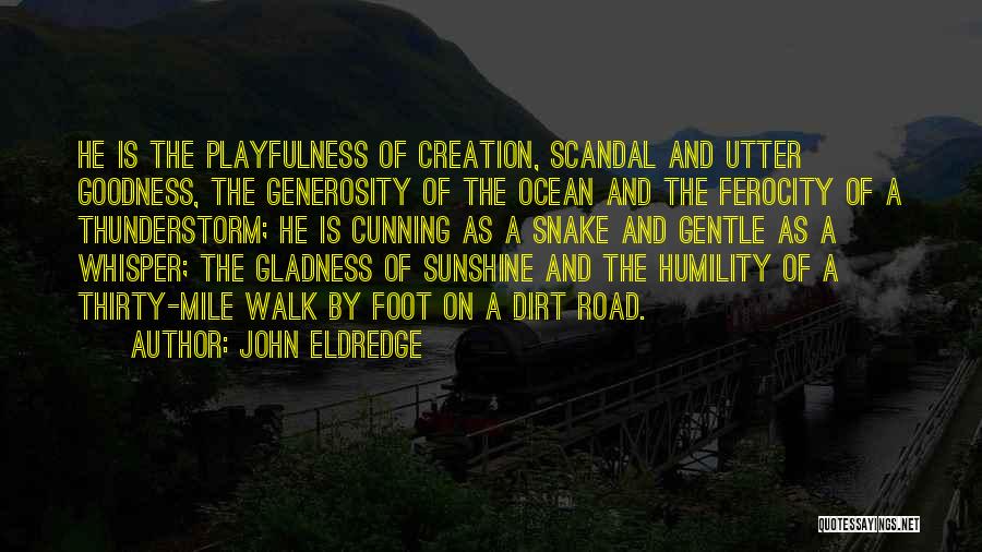 John Eldredge Quotes: He Is The Playfulness Of Creation, Scandal And Utter Goodness, The Generosity Of The Ocean And The Ferocity Of A