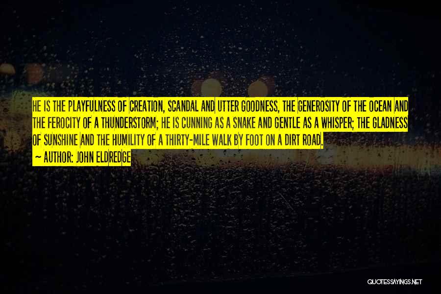 John Eldredge Quotes: He Is The Playfulness Of Creation, Scandal And Utter Goodness, The Generosity Of The Ocean And The Ferocity Of A