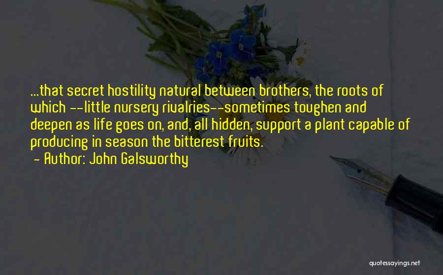 John Galsworthy Quotes: ...that Secret Hostility Natural Between Brothers, The Roots Of Which --little Nursery Rivalries--sometimes Toughen And Deepen As Life Goes On,