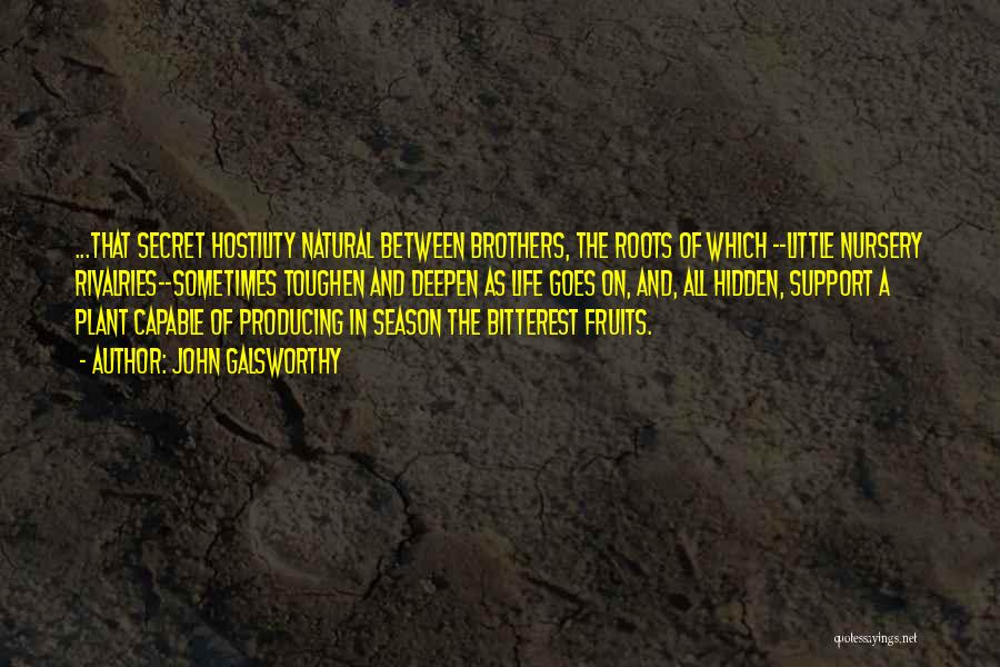 John Galsworthy Quotes: ...that Secret Hostility Natural Between Brothers, The Roots Of Which --little Nursery Rivalries--sometimes Toughen And Deepen As Life Goes On,