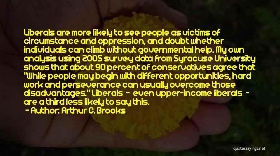 Arthur C. Brooks Quotes: Liberals Are More Likely To See People As Victims Of Circumstance And Oppression, And Doubt Whether Individuals Can Climb Without