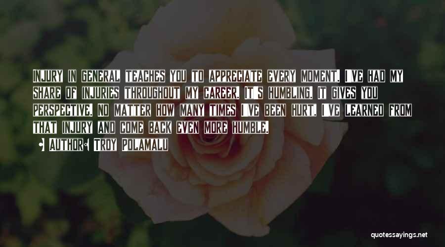 Troy Polamalu Quotes: Injury In General Teaches You To Appreciate Every Moment. I've Had My Share Of Injuries Throughout My Career. It's Humbling.
