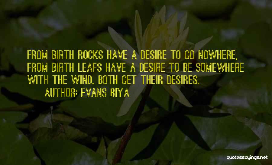 Evans Biya Quotes: From Birth Rocks Have A Desire To Go Nowhere, From Birth Leafs Have A Desire To Be Somewhere With The