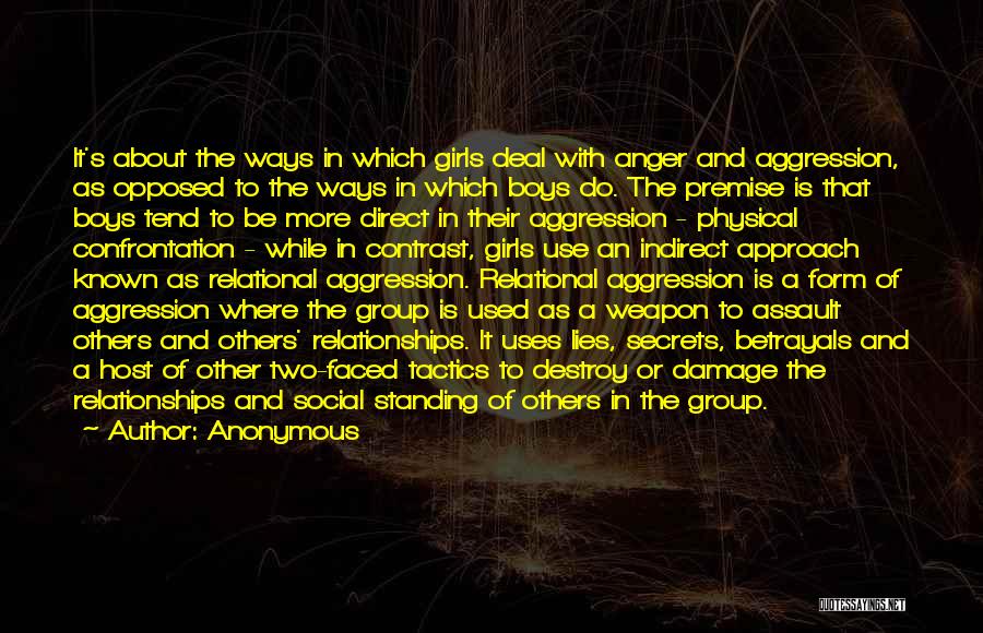 Anonymous Quotes: It's About The Ways In Which Girls Deal With Anger And Aggression, As Opposed To The Ways In Which Boys