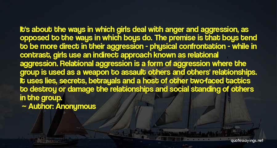 Anonymous Quotes: It's About The Ways In Which Girls Deal With Anger And Aggression, As Opposed To The Ways In Which Boys