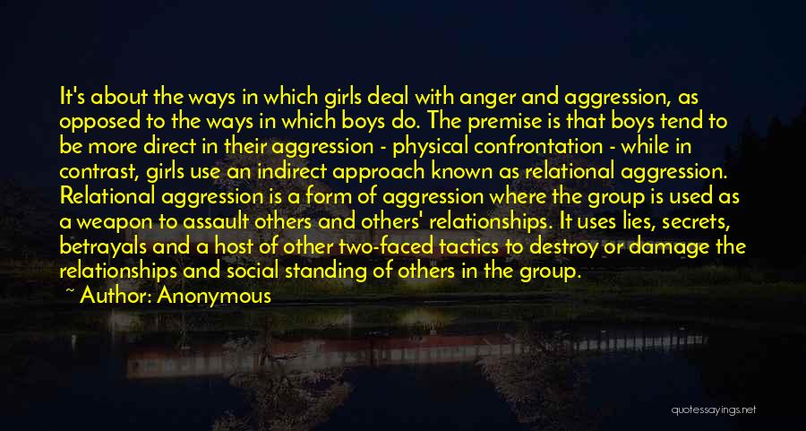 Anonymous Quotes: It's About The Ways In Which Girls Deal With Anger And Aggression, As Opposed To The Ways In Which Boys