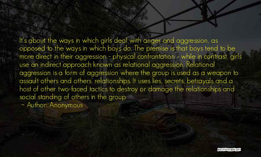 Anonymous Quotes: It's About The Ways In Which Girls Deal With Anger And Aggression, As Opposed To The Ways In Which Boys