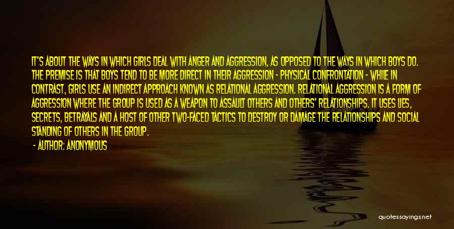 Anonymous Quotes: It's About The Ways In Which Girls Deal With Anger And Aggression, As Opposed To The Ways In Which Boys