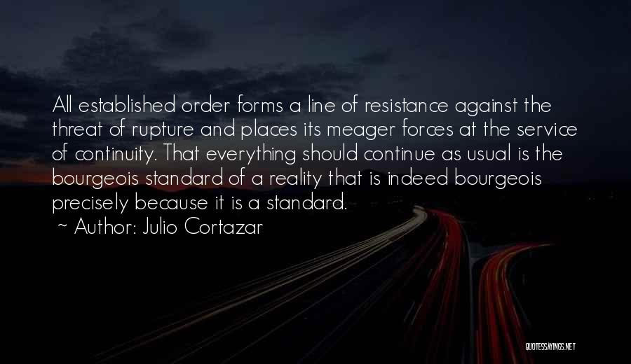 Julio Cortazar Quotes: All Established Order Forms A Line Of Resistance Against The Threat Of Rupture And Places Its Meager Forces At The