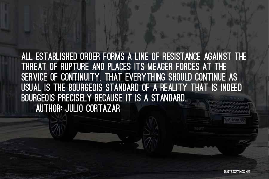 Julio Cortazar Quotes: All Established Order Forms A Line Of Resistance Against The Threat Of Rupture And Places Its Meager Forces At The