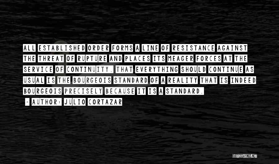 Julio Cortazar Quotes: All Established Order Forms A Line Of Resistance Against The Threat Of Rupture And Places Its Meager Forces At The