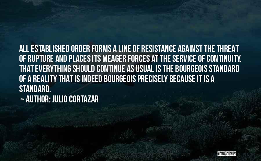 Julio Cortazar Quotes: All Established Order Forms A Line Of Resistance Against The Threat Of Rupture And Places Its Meager Forces At The
