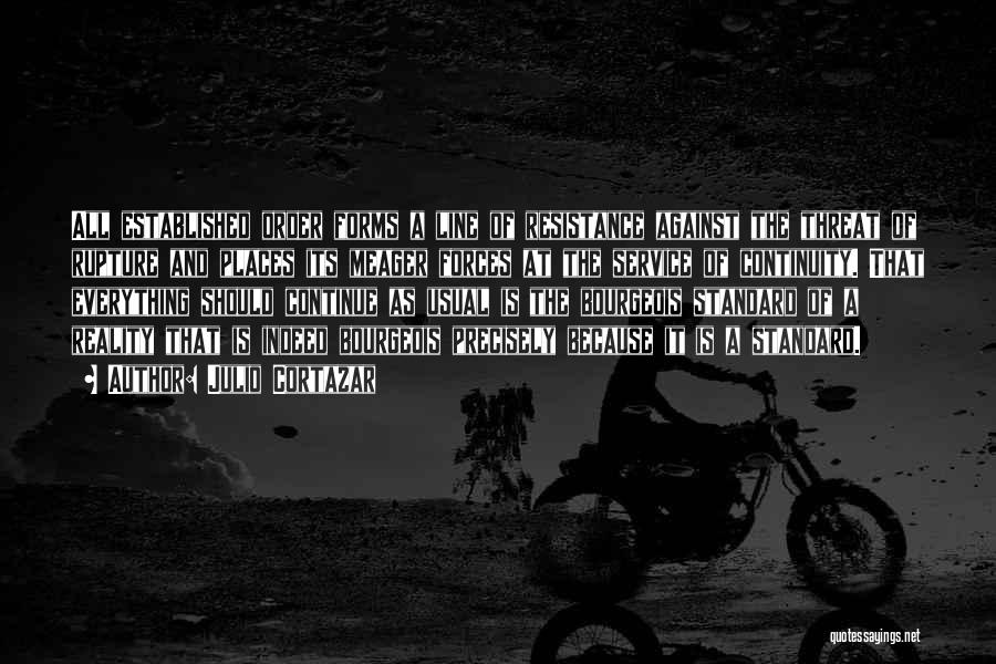 Julio Cortazar Quotes: All Established Order Forms A Line Of Resistance Against The Threat Of Rupture And Places Its Meager Forces At The