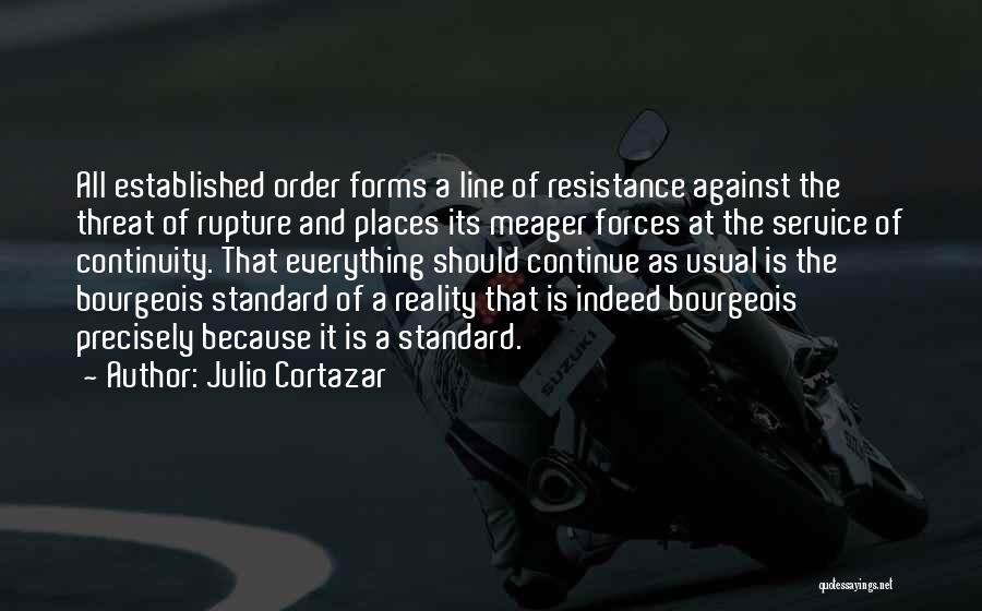 Julio Cortazar Quotes: All Established Order Forms A Line Of Resistance Against The Threat Of Rupture And Places Its Meager Forces At The