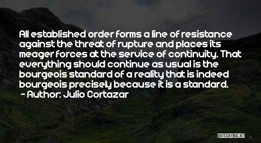 Julio Cortazar Quotes: All Established Order Forms A Line Of Resistance Against The Threat Of Rupture And Places Its Meager Forces At The