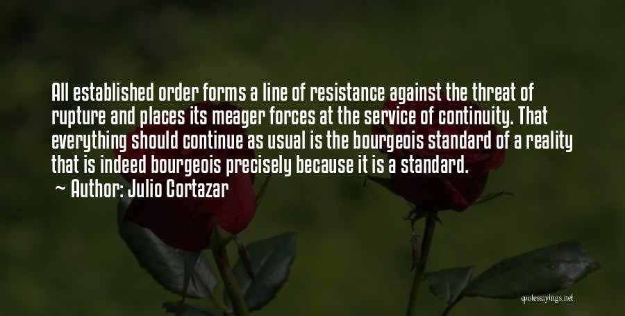 Julio Cortazar Quotes: All Established Order Forms A Line Of Resistance Against The Threat Of Rupture And Places Its Meager Forces At The