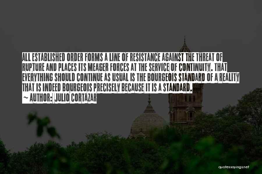 Julio Cortazar Quotes: All Established Order Forms A Line Of Resistance Against The Threat Of Rupture And Places Its Meager Forces At The