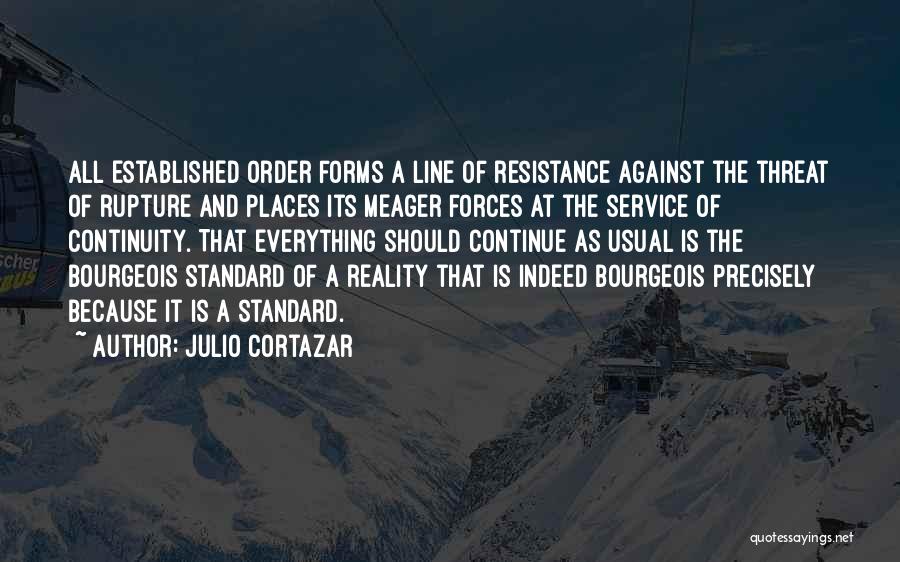 Julio Cortazar Quotes: All Established Order Forms A Line Of Resistance Against The Threat Of Rupture And Places Its Meager Forces At The