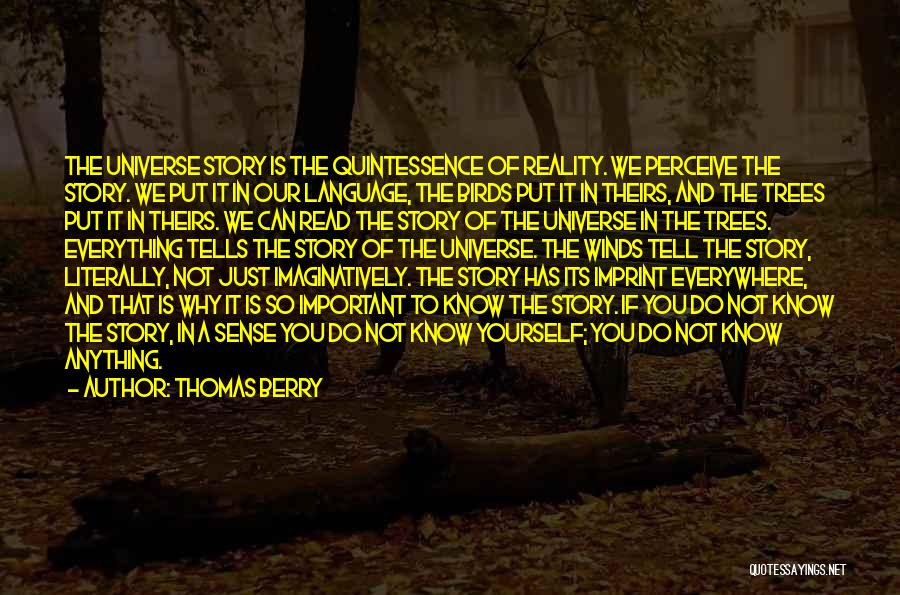 Thomas Berry Quotes: The Universe Story Is The Quintessence Of Reality. We Perceive The Story. We Put It In Our Language, The Birds