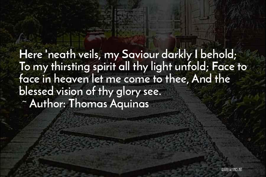 Thomas Aquinas Quotes: Here 'neath Veils, My Saviour Darkly I Behold; To My Thirsting Spirit All Thy Light Unfold; Face To Face In