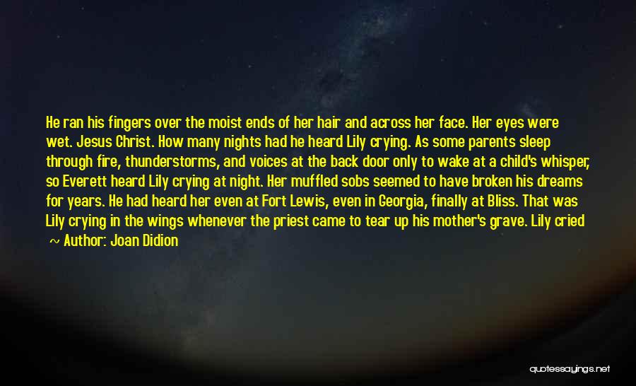 Joan Didion Quotes: He Ran His Fingers Over The Moist Ends Of Her Hair And Across Her Face. Her Eyes Were Wet. Jesus