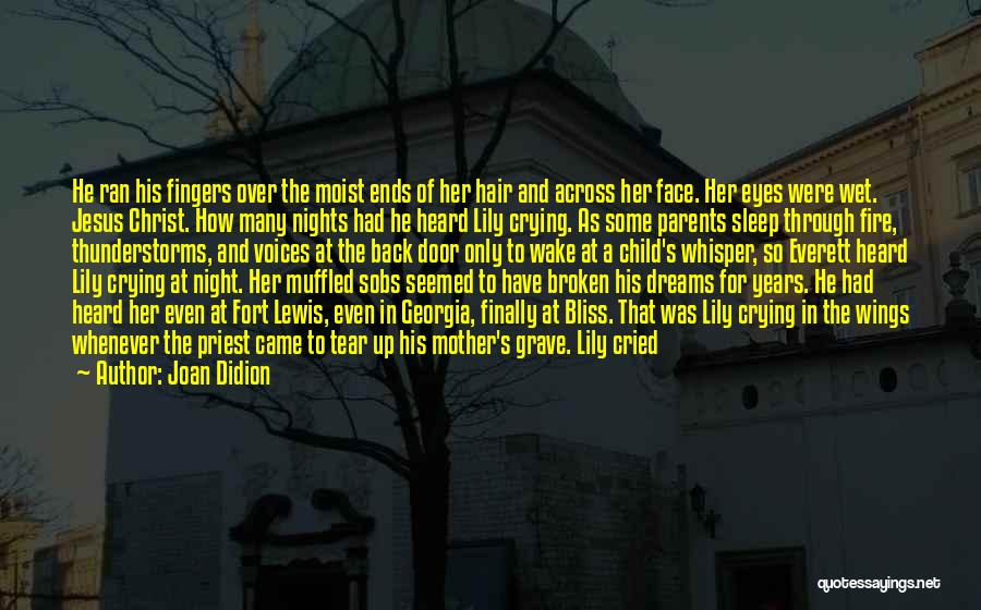 Joan Didion Quotes: He Ran His Fingers Over The Moist Ends Of Her Hair And Across Her Face. Her Eyes Were Wet. Jesus