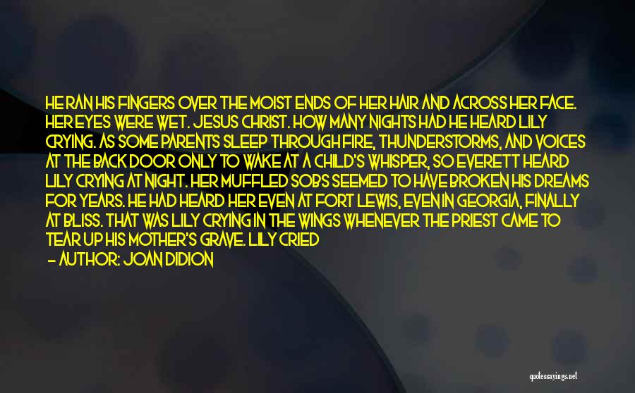 Joan Didion Quotes: He Ran His Fingers Over The Moist Ends Of Her Hair And Across Her Face. Her Eyes Were Wet. Jesus
