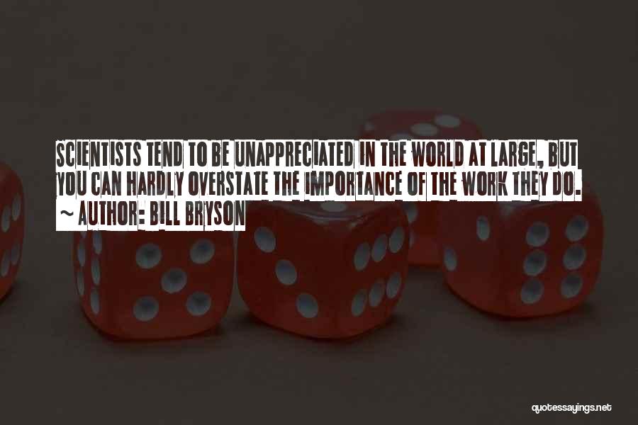 Bill Bryson Quotes: Scientists Tend To Be Unappreciated In The World At Large, But You Can Hardly Overstate The Importance Of The Work