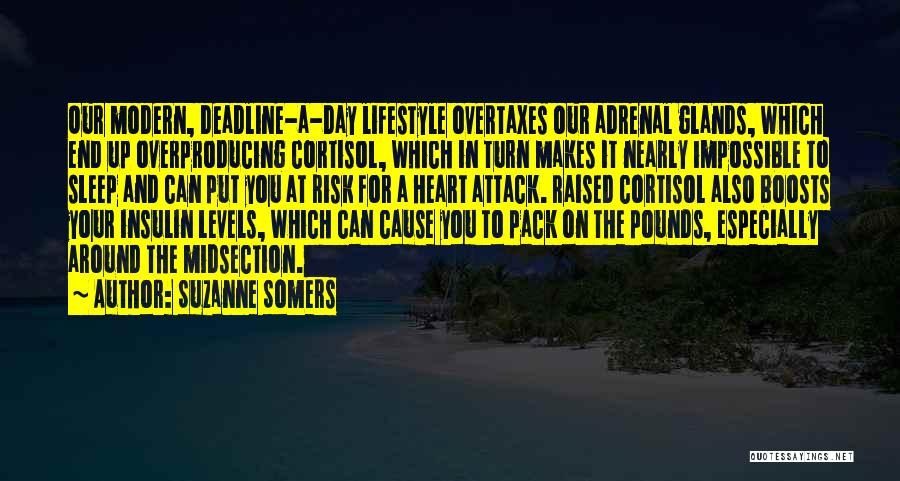 Suzanne Somers Quotes: Our Modern, Deadline-a-day Lifestyle Overtaxes Our Adrenal Glands, Which End Up Overproducing Cortisol, Which In Turn Makes It Nearly Impossible