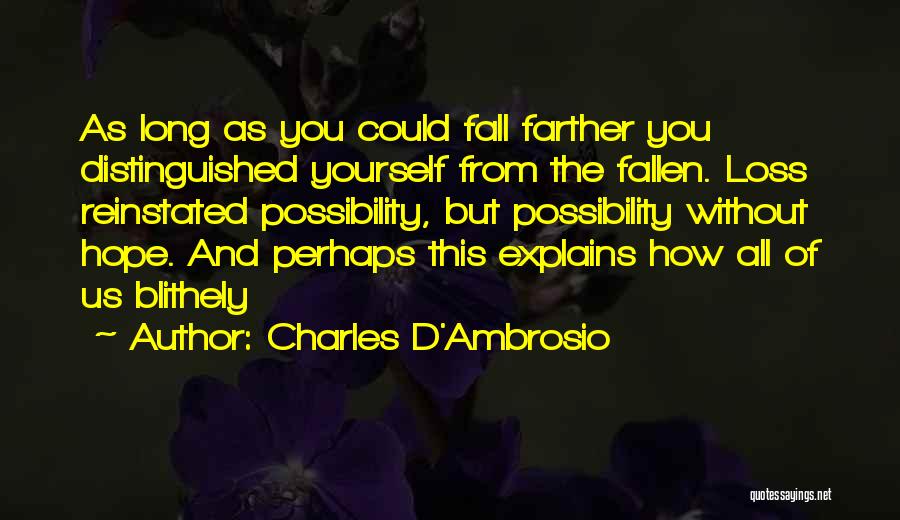 Charles D'Ambrosio Quotes: As Long As You Could Fall Farther You Distinguished Yourself From The Fallen. Loss Reinstated Possibility, But Possibility Without Hope.