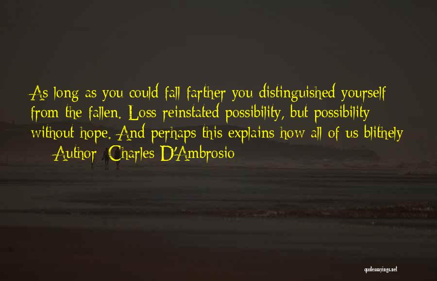 Charles D'Ambrosio Quotes: As Long As You Could Fall Farther You Distinguished Yourself From The Fallen. Loss Reinstated Possibility, But Possibility Without Hope.