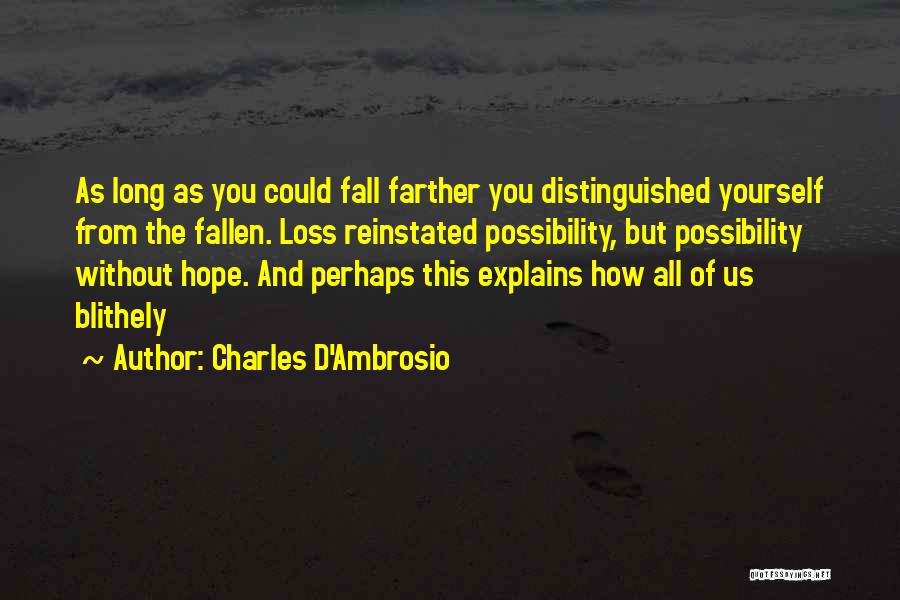 Charles D'Ambrosio Quotes: As Long As You Could Fall Farther You Distinguished Yourself From The Fallen. Loss Reinstated Possibility, But Possibility Without Hope.