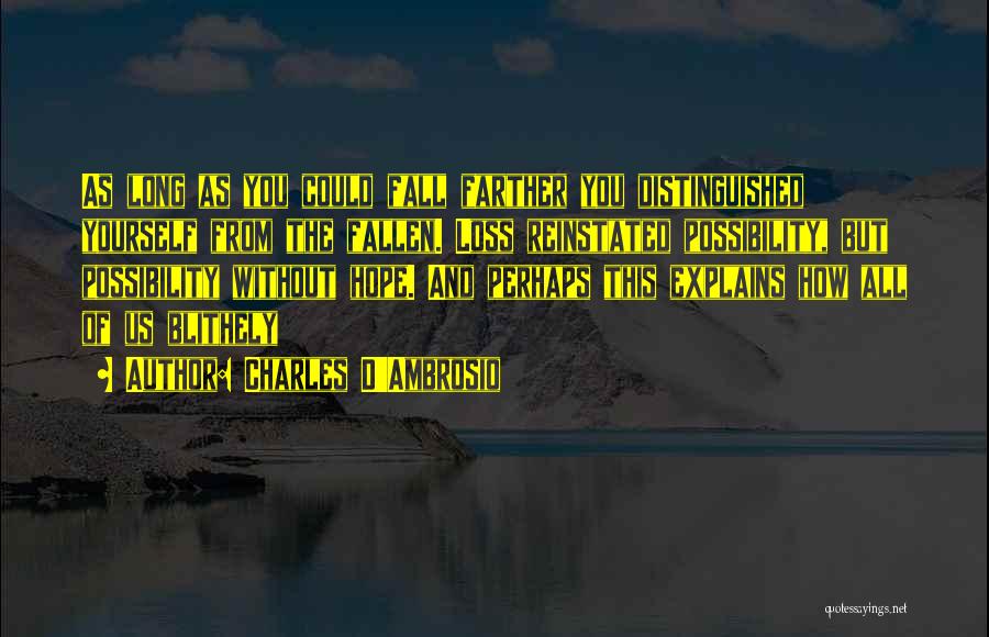 Charles D'Ambrosio Quotes: As Long As You Could Fall Farther You Distinguished Yourself From The Fallen. Loss Reinstated Possibility, But Possibility Without Hope.