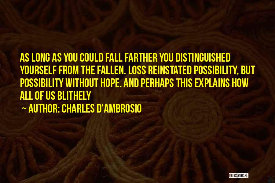 Charles D'Ambrosio Quotes: As Long As You Could Fall Farther You Distinguished Yourself From The Fallen. Loss Reinstated Possibility, But Possibility Without Hope.